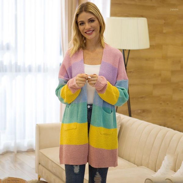 

2019 knitting cardigan girls long a hit color rainbow stripe cardigan sweater1, Black;white