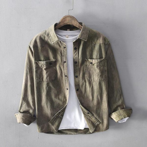

men's casual shirts 2022 vintage long sleeve denim shirt with pockets army green black jean men pure cotton spring autumn, White;black