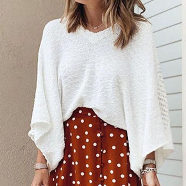 

women fashion winter blouse long sleeve v neck lace slim pullover loose elegant hollow out solid color knit 2021, White