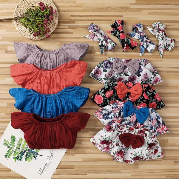 

clothing sets born baby girl summer clothes set floral print for girls outfit bow shorts headband, White