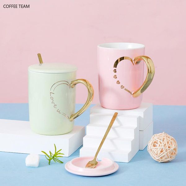 

400ml nordic couples simple coffee cup breakfast mug with lid spoon golden handle cute love ceramic mug