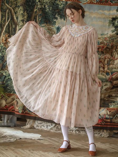 

casual dresses springautumn dress women french vintage elegant sweet moril girls embroidery pastoral floral print loose long, Black;gray