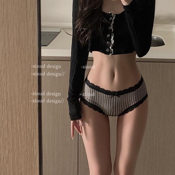 

women's panties lace underwear female low waist plaid pure and fresh bow briefs, Black;pink