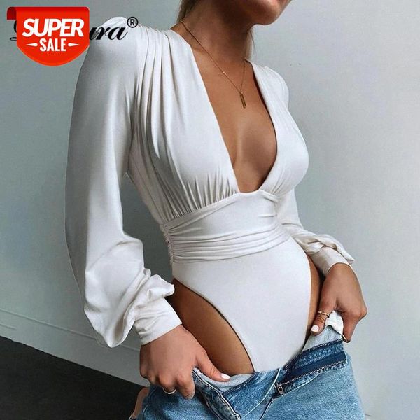 

dulzura solid women lantern sleeve bodysuit deep v neck ruched bodycon party elegant streetwear 2020 autumn winter body #ea7u, White