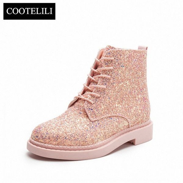 

cootelili spring women ankle boots flat heels sequins shoes woman casual botines mujer lace up white booties black plus size 40 j4do#
