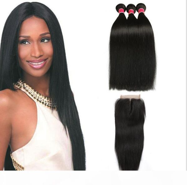 

long straight human hair bundles with closures 3+1 4*4 lace 100% brazilian virgin hair weaves double weft hair extensions 1b quality, Black