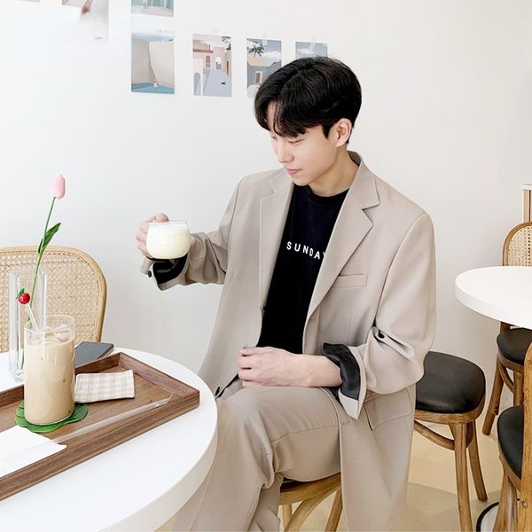 

men's suit coat black loose korean style single breasted khaki suit coat for male 2021 autumn new causal clothing, White;black