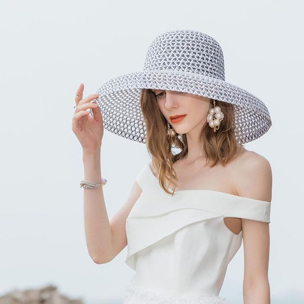 

wide brim hats 2021 retro round big straw hat wholesale ladies sun travel holiday visor vintage women beach black and white, Blue;gray
