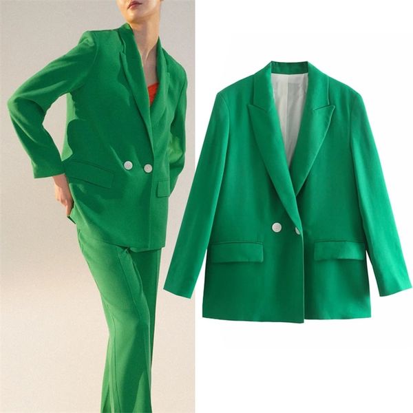 TRAF Za Green Blazer Donna Doppiopetto Donna Primavera Giacca lunga Ufficio Abito femminile Elegante manica s 211019