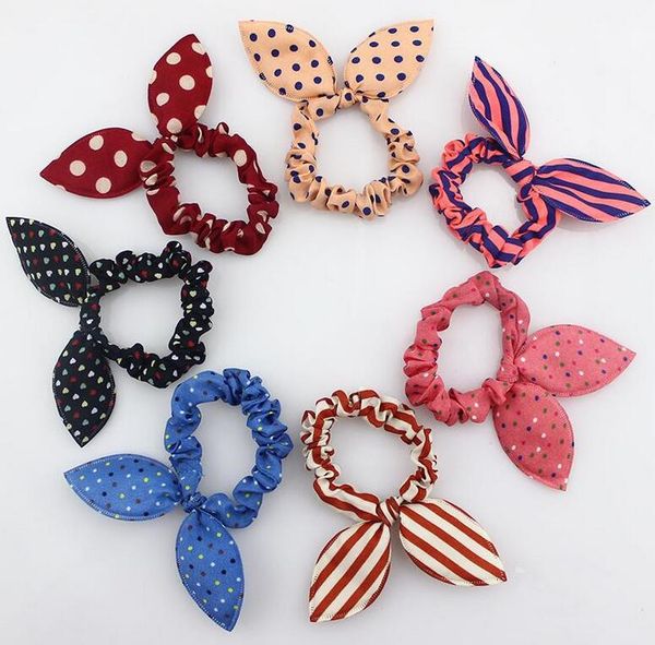 

new 100pcs/lot children women hair band cute polka dot bow rabbit ears headband girl ring scrunchy kids ponytail holder hair accessories