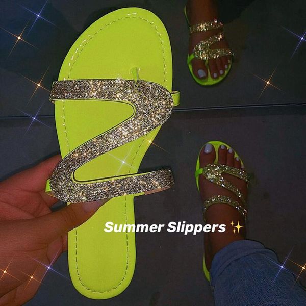 

slippers glitter women summer sandals 2021 fashion bling female candy color flip flops beach diamond flat shoes outdoor, Black