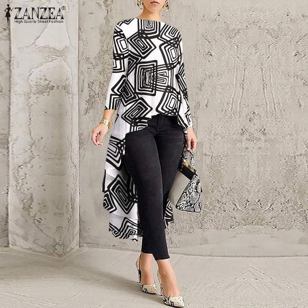 

women's blouses & shirts women irregular blouse 2022 elegant geometric printed casual long sleeve blusa female o neck tunic chem, White