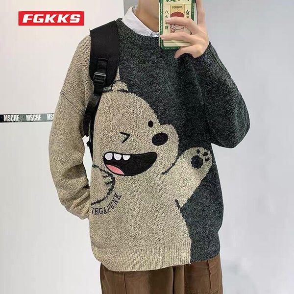 

men's sweaters men sweater round neck bear mens casual autumn and winter warm pullover loose knit personality, White;black