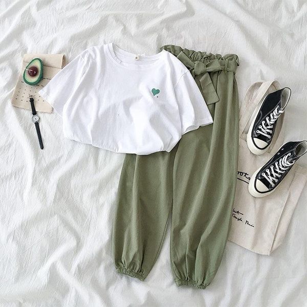 

summer new female tracksuits fashion clothes casual loose white and pant 2 piece sets women students girls sweet sportswear, Gray
