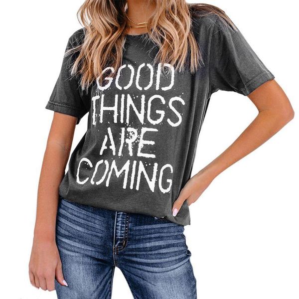 

women's t-shirt summer casual round collar letter printed short sleeve loose blouse gray, White