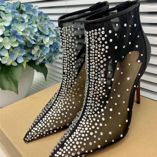 

boots ankle women party shoes bling crystal rhinestone ponited toe high thin heels wedding botas mujer 2021 luxury design, Black