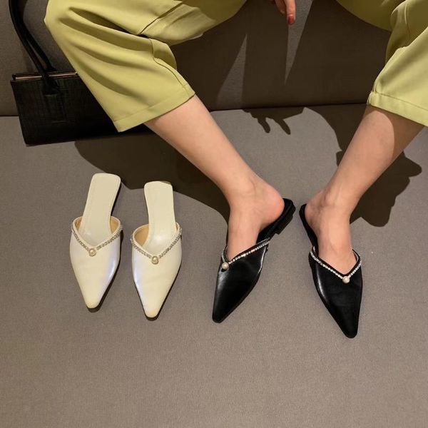 

slippers pointed toe women elegant rhinestone pearl flats heeled slip on slides summer black/white comfortable mules