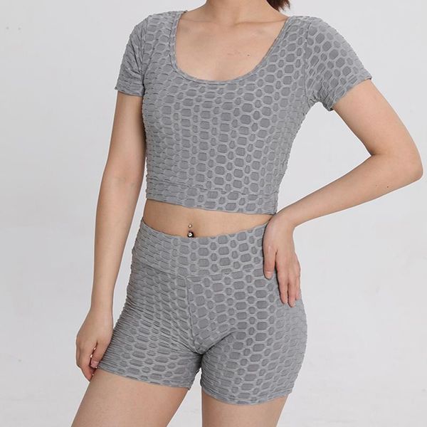 

women's tracksuits 2021 women fitness workout sets 2 piece jacquard u-shaped tank high waist shorts gym running sport yoga outfits a40, Gray