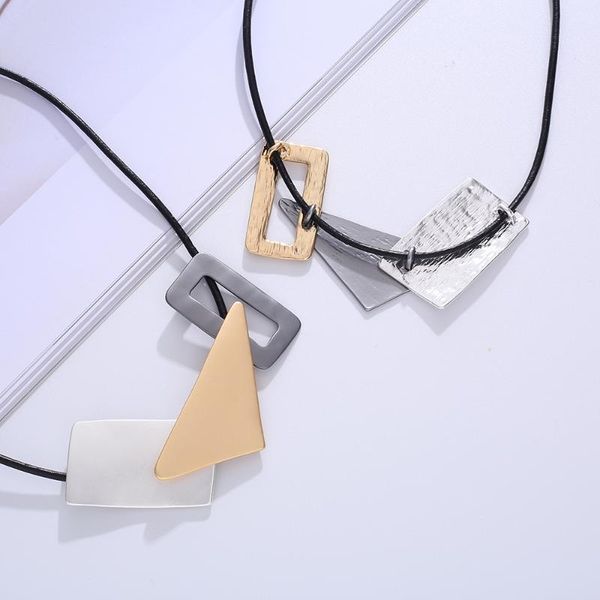 

chains vintage baroque irregular triangle lock necklace geometric pendant enamel for women punk jewelry, Silver
