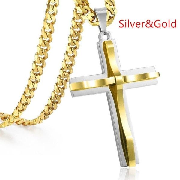 

pendant necklaces simple men's stainless steel cross necklace punk boys long chain hip hop rock jewelry party accessories gifts collar, Silver