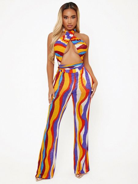 

sxy wave striped colorblock open back crisscross halter jumpsuit y9dy#, White