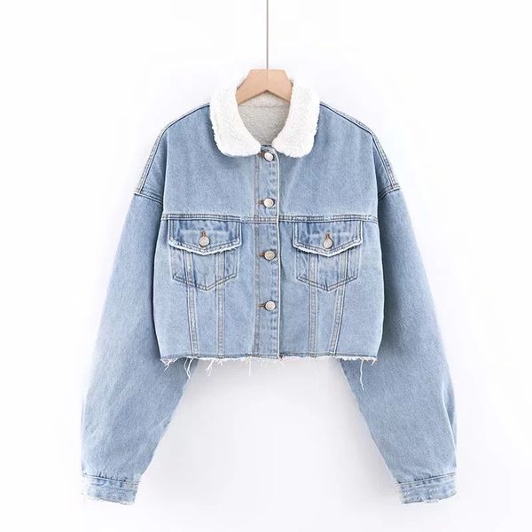 

new streetwear trend lamb short denim jacket autumn and winter womens plus-velvet denim jacket jeans coat winter clothes women, White