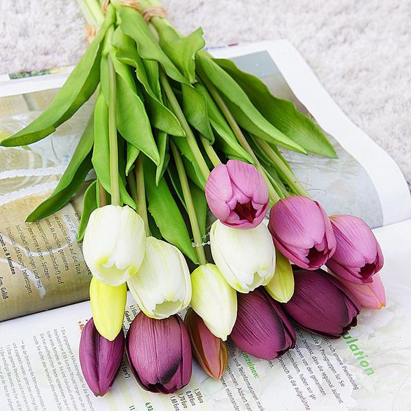 Flores decorativas grinaldas 5pcs/bando touch real tulipas flor artificial para decoração de casamento em casa Flores de noiva Flores falsos de látex macio