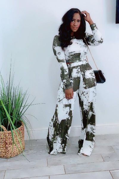 

women's two piece pants autumn women casual set long sleeve shirt crop printed wide leg female fashion suits clubwear outfits, White