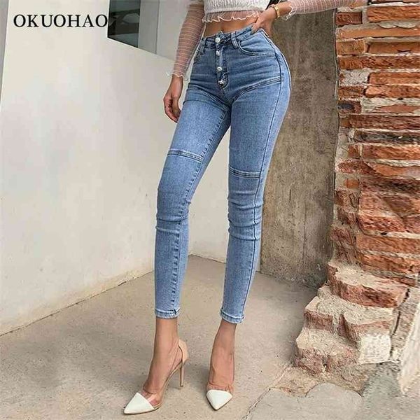 

women's jeans high waist denim trousers female fashion elastic stretch hip slim fit skinny feet nine points pencil pants 210915, Blue