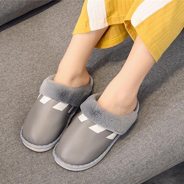 

slippers women winter warm pu plush wood floor indoors bedroom slipper non-slip home, Black