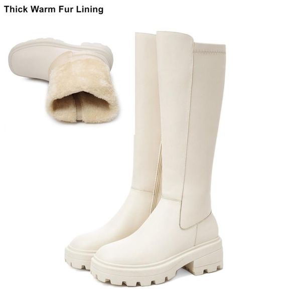 

boots cow leather winter snow women's faux fur fleece plush knee high woman beige chunky heels platform knight shoes, Black