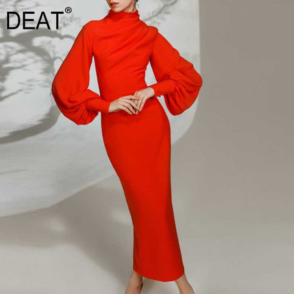 

[deat] spring summer fashion stand-up collar high waist lantern sleeve ankle-length quality dress 13d125 210527, Black;gray