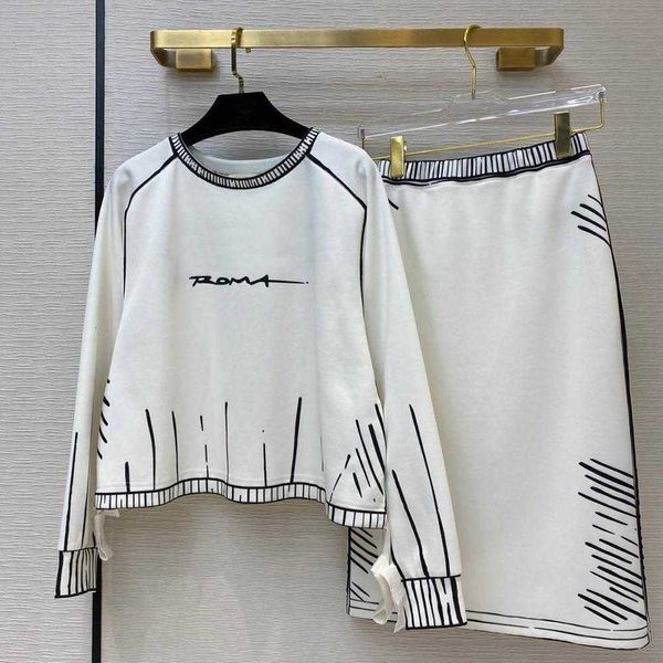 

casual dresses upper quality 2 piece of female stripes impression white graffiti sweater pattern with midi suit casual outfit skirt t1sw, Black;gray