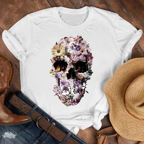 

floral flower face printing 90s womens fashion clothes print tee graphic, White