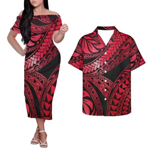 

casual dresses hycool tribal print off shoulder samoan tattoos red dress elegant bodycon polynesian summer for women 2021, Black;gray