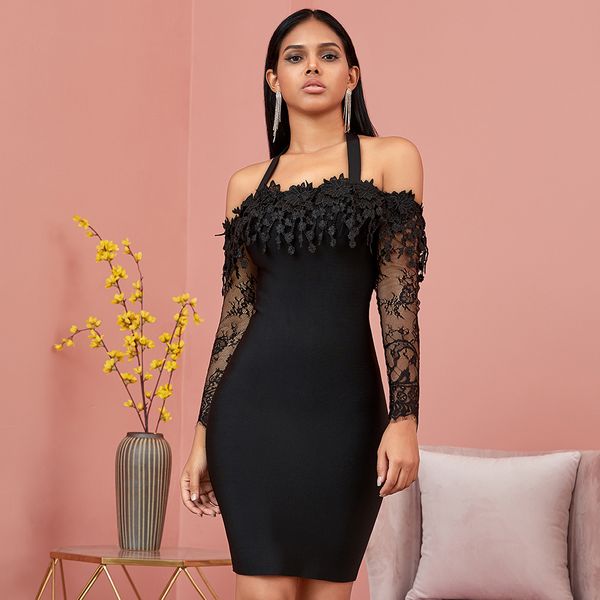 

black lace long sleeve off shoulder slash neck bandage dress women dresses club party evening vestidos 1wuo, Black;gray