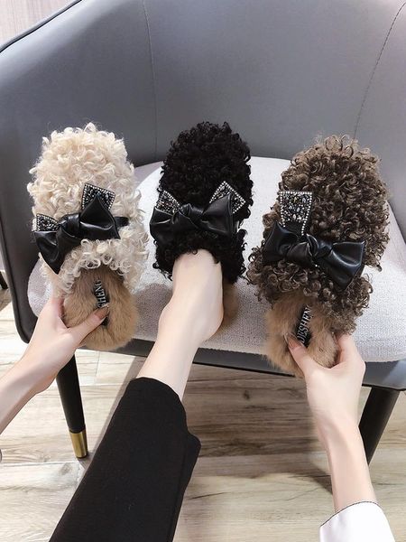 

slippers casual shallow flock fur shoes slipers women cover toe slides low luxury plush 2021 flat soft rubber basic pu fabric, Black