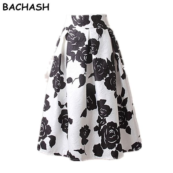 Bachash Mulheres Pêssego Floral Impressão Elástica Cintura Alta Plissada Longa Midi Skatista Saia Em Estoque Primavera Novo Verão S-XL 6008 # 210310