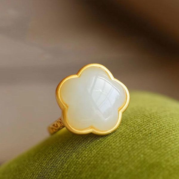 

cluster rings natural hetian jade flower opening adjustable ring chinese style retro minority design elegant women's christmas silver j, Golden;silver