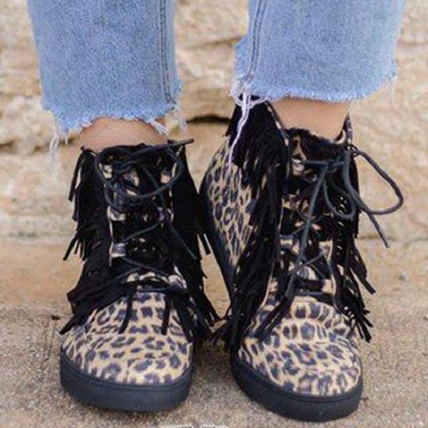 

boots women booties autumn winter lace up fringe ankle flat ladies sneakers leopard platform female shoes botines mujer, Black
