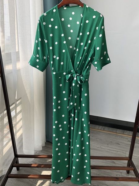 

2021 new polka dot v-neck wrap midi vestido senhora viscose verde frias praia feminino vestidos longos com faixas vero c7o9, Black;gray