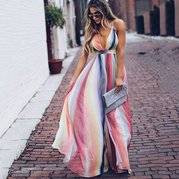 

halter long chiffon dress bohemian rainbow printed women maxi dress v neck club party dresses vestidos mujer, Black;gray