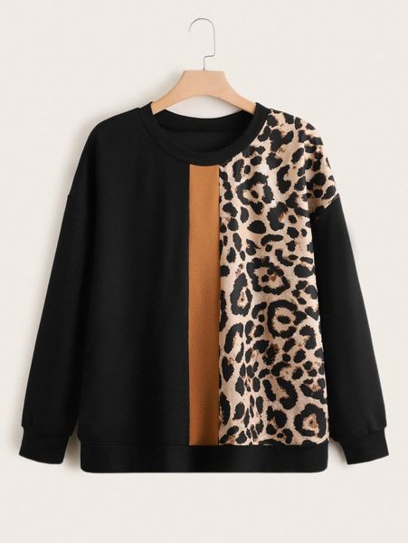

plus colorblock leopard print sweatshirt j2fz#, Black