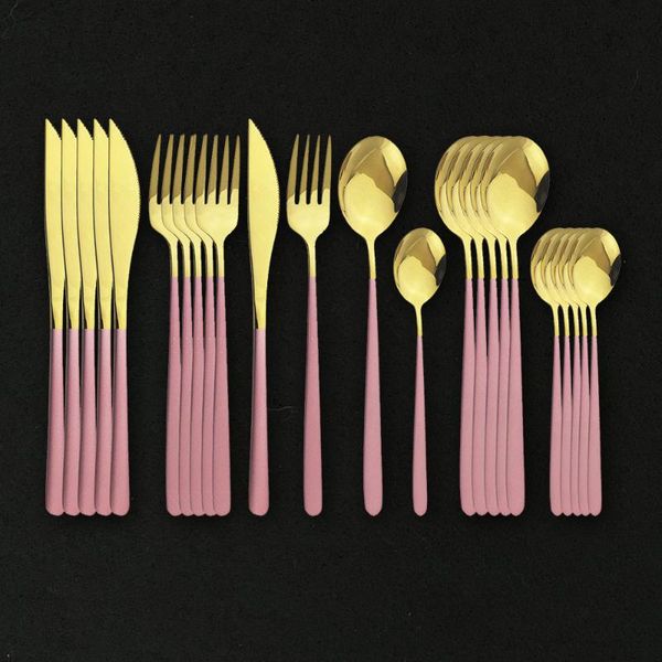 

24pcs pink gold dinnerware cutlery set stainless steel tableware set knife fork spoon kitchen mirror flatware