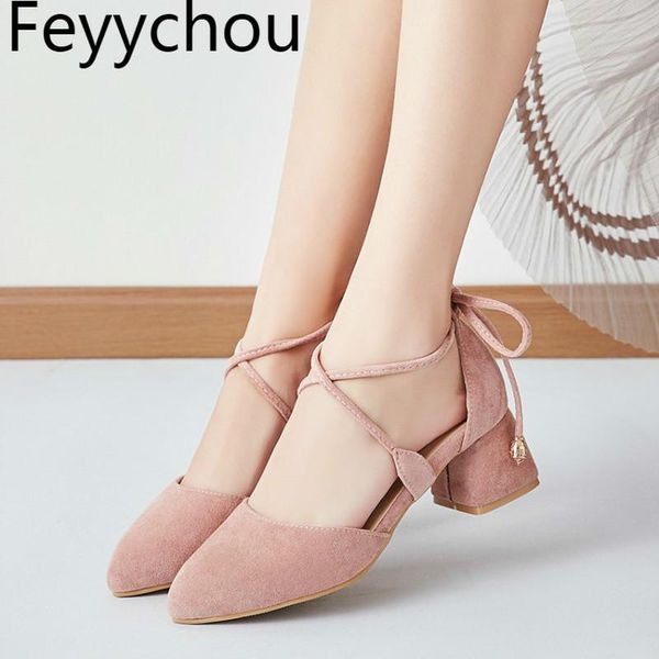 

women pumps med heel flock butterfly-knot lace up 2021 spring summer fashion sweet casual dress beige pink black brown