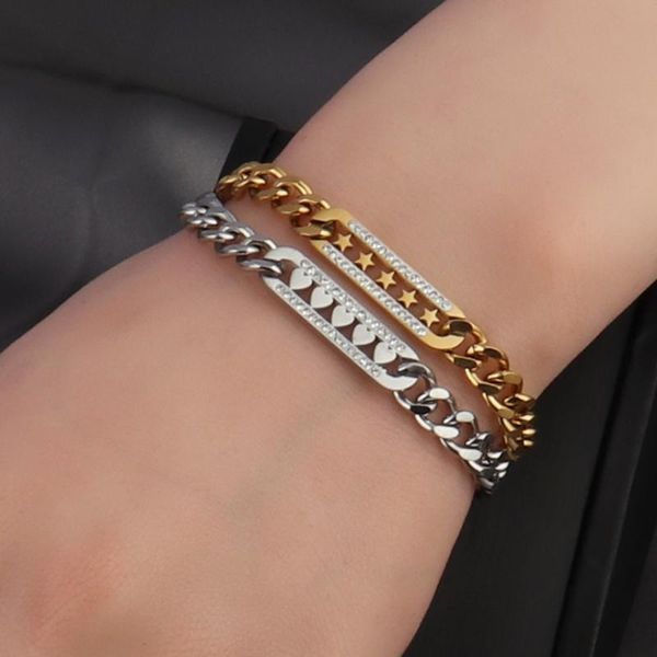 

link, chain punk gold colour thick bracelets women stainless steel for heart zircon star jewelry, Black
