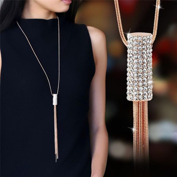 

pendant necklaces pinksee vintage elegant geometric crystal tassel necklace women personality simple long sweater chain decoration, Silver