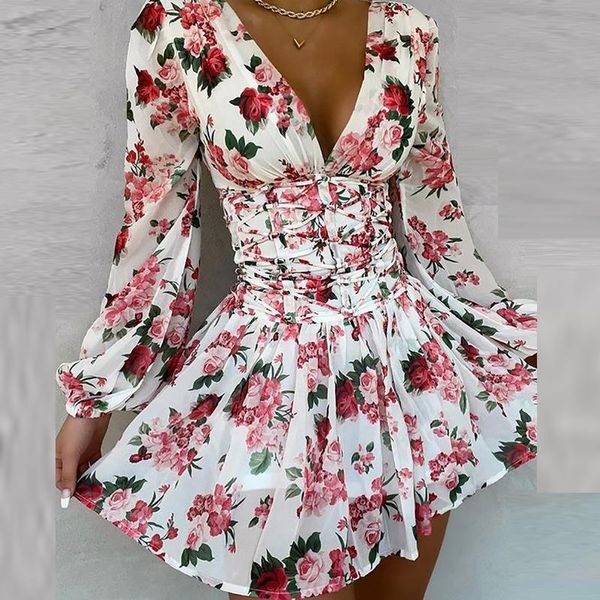 

casual dresses autumn elegant long sleeve lady slim dress deep v neck bandage party women 2021 spring floral print mini, Black;gray