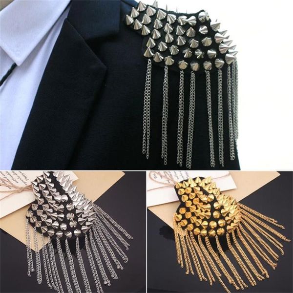 

pins, brooches punk clothing accessories fringed shoulder stamp rivet pad brooch dress decoration tassel metal epaulet, Gray