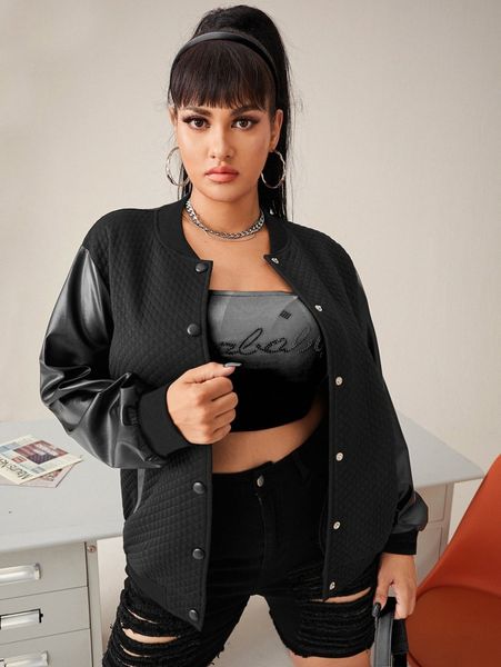 

plus snap button front bomber jacket n7j5#, Black